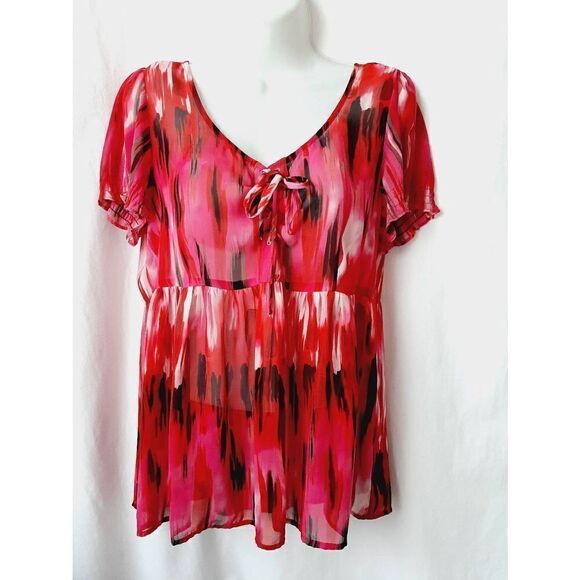 a.n.a pink red sheer corset tie up front sz medium blouse - Picture 1 of 5
